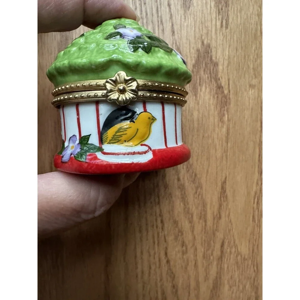 Ceramic Porcelain Trinket Box Flower Yellow‎ Bird Cage Round Dome Lidded Jewelry